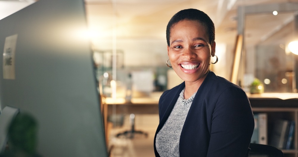 Face,,Happy,And,Black,Woman,In,Office,At,Night,For